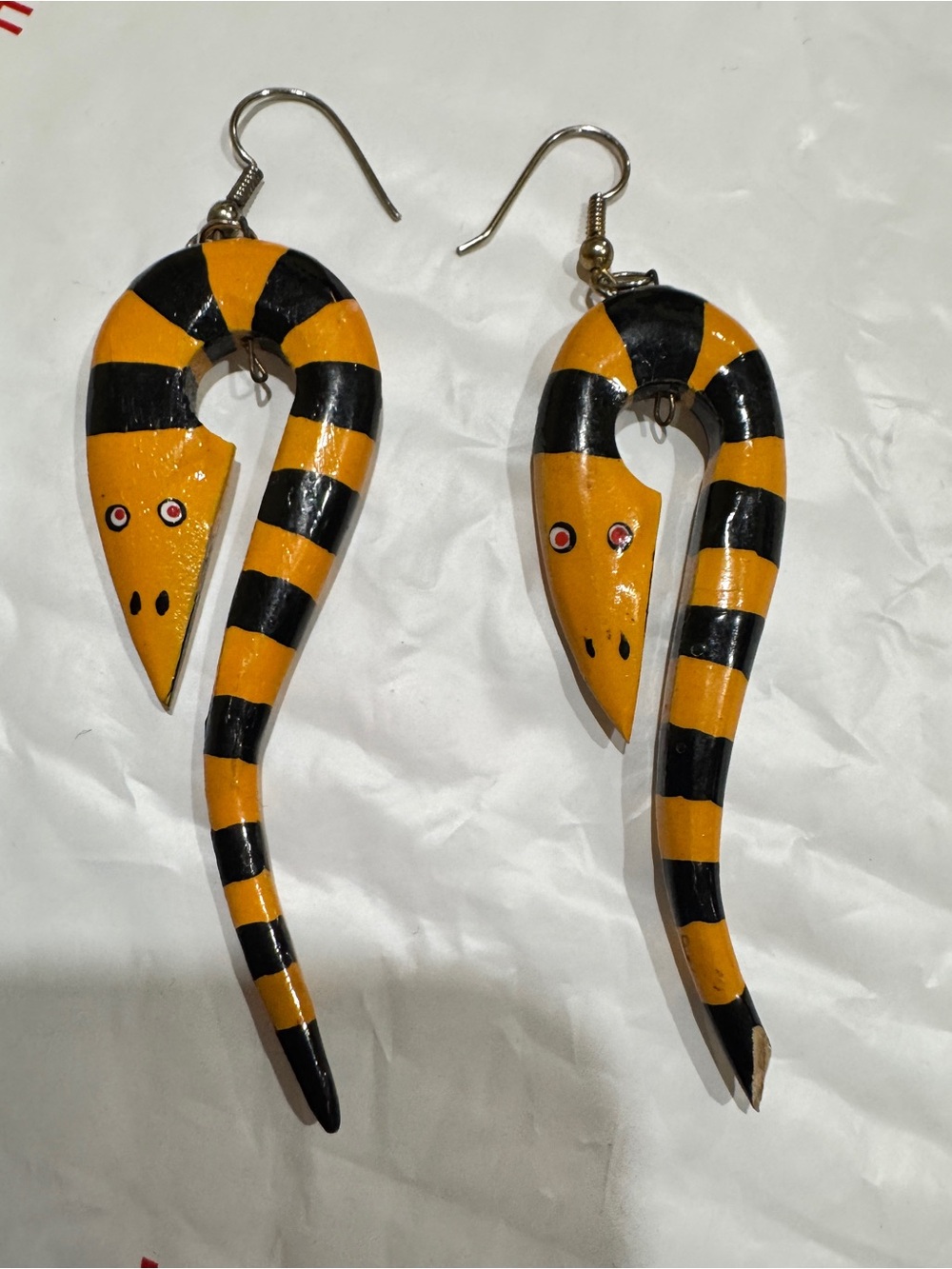 vintage hand-painted wooden snake dangle earrings